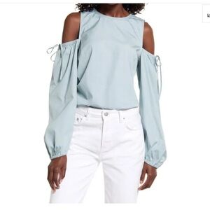 Cold Shoulder Cotton Poplin Shirt - Teal Mist XS
